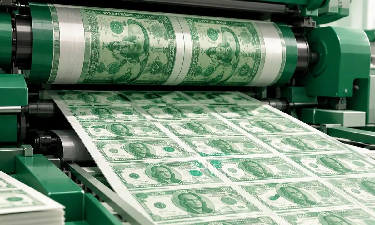 Mesin cetak berwarna hijau mencetak lembaran uang kertas, gambaran daya beli dan inflasi