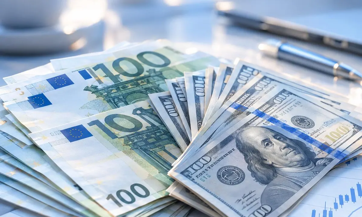Lembaran uang euro dan dolar AS tersusun seperti kipas di atas kertas grafik harga