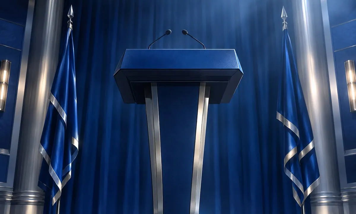 Ruang konferensi pers bernuansa biru dengan podium kosong dan bendera di kedua sisi