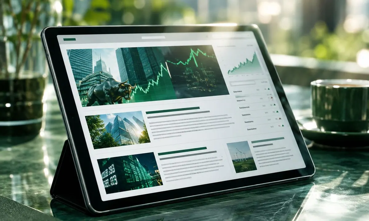 Tablet di meja kerja menampilkan halaman judul berita keuangan dan grafik harga