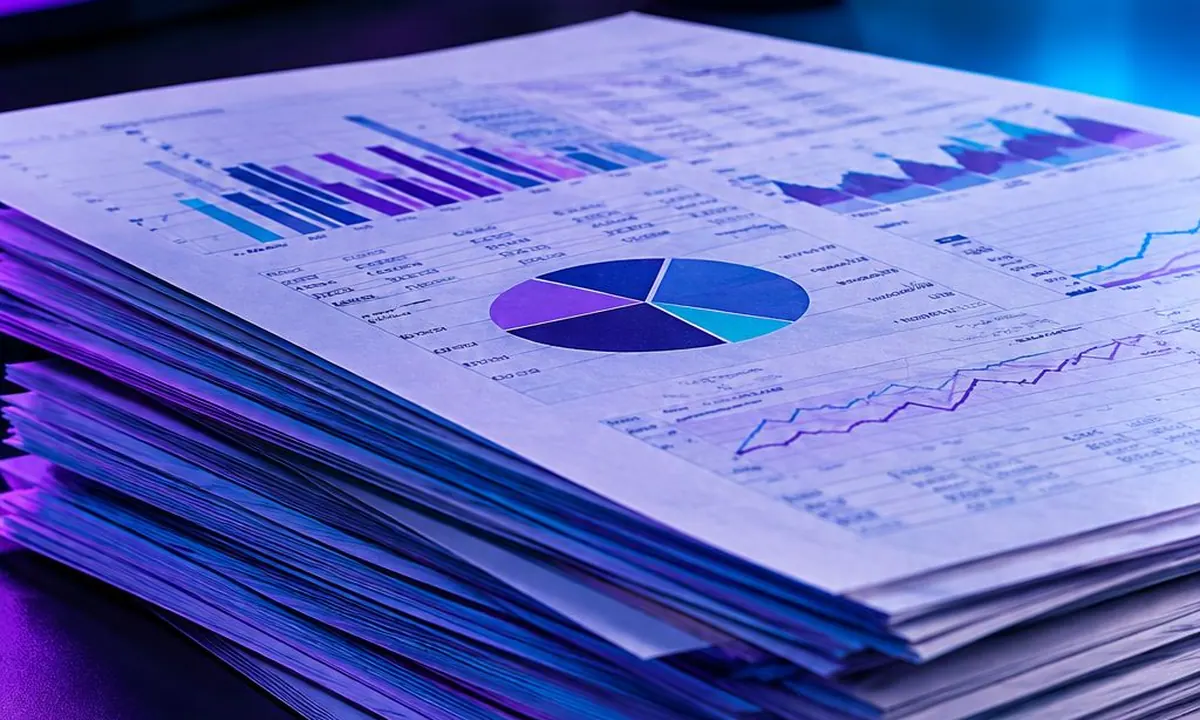 Tumpukan laporan statistik berisi grafik dan diagram lingkaran di atas meja kerja