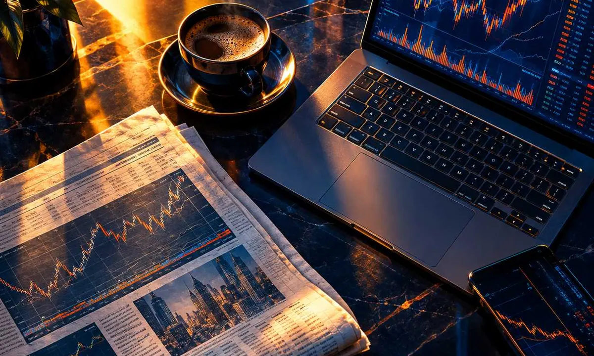 Meja redaksi malam hari dengan koran keuangan, kopi, dan laptop yang menampilkan grafik